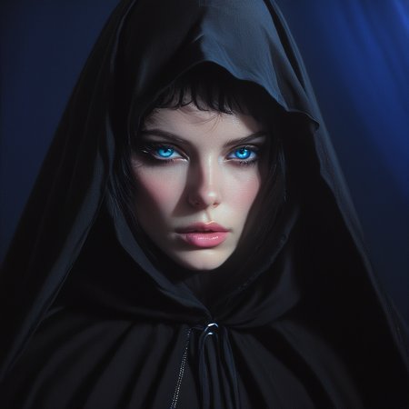 <lora:Mystic_Vogue_80s__Occult_PopSDXL:1> Mystic Vogue 80s Occult Pop, The image is a close-up portrait of a woman's face. She is wearing a black hooded cloak that covers her head and shoulders. The cloak is draped over her head covering her entire face. The woman's eyes are a piercing blue color and her lips are a soft pink. The background is dark making the woman's features stand out even more. The image has a dramatic and dreamlike quality with the light shining through the cloak creating a dramatic effect. The overall mood of the image is mysterious and ethereal., 1girl, solo, blue eyes, lips, black hair, hood, looking at viewer, nose, eyelashes, portrait