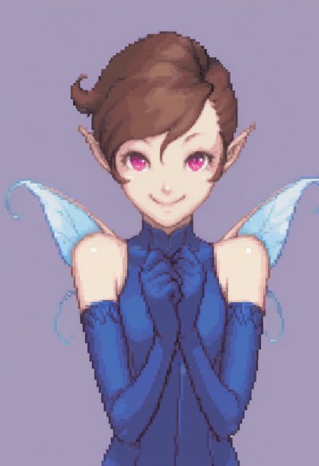 masterpiece, best quality, solo, 1girl, smile, looking at viewer,  <lora:j:1>, pixie, brown hair, short hair, pink eyes, pointy ears, blue leotard, blue elbow gloves, blue thighhighs, fairy wings, <lora:Ace-Attorney-Portraits-illus_Fp:1>, portrait, upper body, pixel art, simple background,