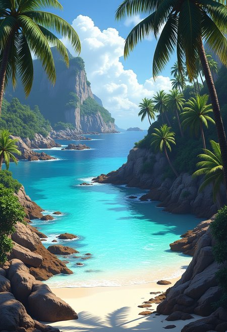 NewFantasyCore, an idyllic deserted tropical cove, with white sandy beach, azure blue seas, palm trees, rocky clifs, sunset
