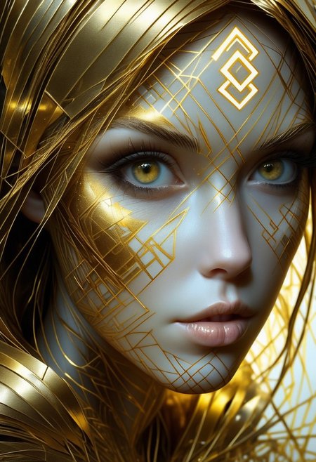 Nordic Rune letter golden on girls face, close-up, by Minjae Lee, Carne Griffiths, Emily Kell, Steve McCurry, Geoffroy Thoorens, Aaron Horkey, Jordan Grimmer, Greg Rutkowski, amazing depth, double exposure, surreal, geometric patterns, intricately detailed, bokeh,  perfect balanced, deep fine borders, artistic photorealism , smooth,  great masterwork by Suiras  <lora:add-detail-xl:2>  <lora:Double_Exposure:0.5>