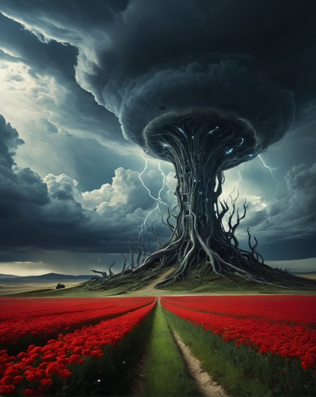 Surrealism, ultimate Surreal Art, ultimate strange art,cool full color, ultimate strange deformed object, ((ultimate strange detailed background)),ultimate strange landscape,the space is filled with strange incomprehensible surreal things, strange unreal surreal vision,
 dreamlike, mysterious, provocative, symbolic, intricate, detailed, ultradetaled,8k,perfect, super detailed, award winning art,
fields,
picnics,clinical,fresh,alien encounter,pulsating,frightening,
thunderstorm, and slightly cloudy,,,
noon,
Xanti Schawinsky,
gradient,
scarlet,
 <lora:add-detail-xl:0.7>,<lora:abysues:0.4>, expressive, dramatic, organic lines and forms, dreamlike, mysterious, Surrealism
