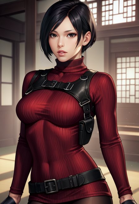 score_9, score_8_up, score_7_up, source_anime, realistic  BREAK 1girl, solo, <lora:adawong-re-richy-v1_pdxl:1> adasweater, black hair, short hair, black eyes, red sweater, turtleneck, harness, pantyhose, black gloves, belt, parted lips, looking at viewer, lips, east asian architecture, indoors, ribbed sweater