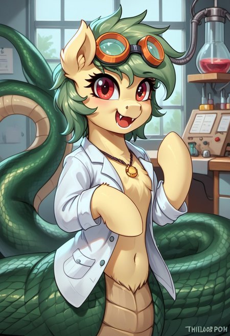 score_9, score_8_up, score_7_up,MegaFluffyPony, furry, fluffy, (1girl, (  shappythelamia, bright pastel yellow body, green hair, short hair ,pony, lamia, fangs,(red-eyed))),perfect proportions,feral,snake tail, detailed fluffy fur, perfect body, pony head, tail),
,5.5 extremely detailed), cute, very fuzzy, Copyright
friendship is magic  hasbro my little pony
Character                                                              
General necklace BREAk: detailed (feral pony:1.3) wearing a lab coat and lab goggles inside a labatory