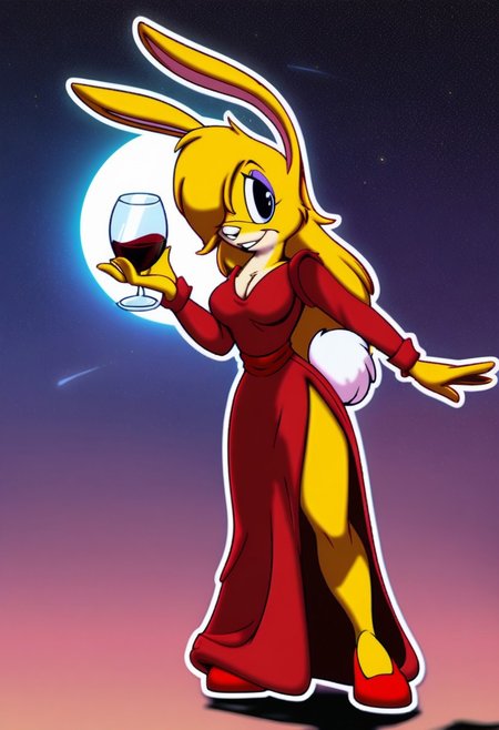 score_9, score_8_up, score_7_up, score_6_up, score_5_up, score_4_up, retro artstyle, BREAK 
LoriJackRabbitPXL, rabbit girl,1girl, cup, dress, solo,yellow hair, drinking glass, animal ears, hair over one eye,rabbit tail, breasts, red dress, furry, furry female, side slit, wine glass, holding, smile, red footwear, holding cup, makeup, eyeshadow, star \(sky\), alcohol, wine, full body, outline, black eyes, medium breasts, white outline, animal nose, moon, long sleeves, cleavage, sky, full moon, looking at viewer, starry sky
<lora:lorijackrabbit-v1:0.9>