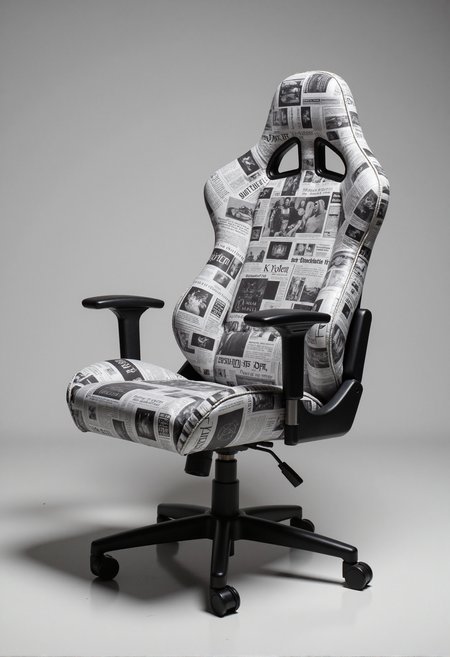 A gaming chair inspired by newspaper prints, featuring a sleek and modern design. The upholstery is entirely covered with black-and-white newspaper clippings, headlines, and articles arranged in a seamless collage. Bold headlines and vintage advertisements stand out prominently, adding a touch of retro charm. The armrests and base are minimalist, painted in matte black to accentuate the newspaper pattern. The overall aesthetic blends the tactile appeal of printed media with contemporary gaming comfort. The background is neutral gray, ensuring the chair's intricate details remain the focal point.
