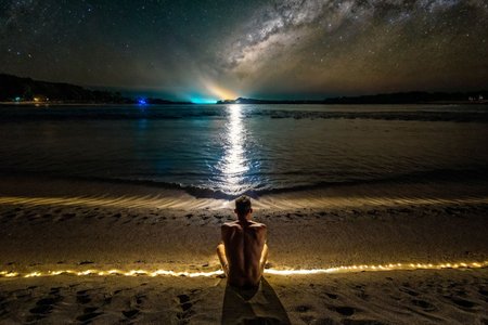 picture of two naked men sitting side by side on a beach, close to viewer, BioluminescenceBeach, from behind, back turned,  bioluminescence, panoramic view, RAW, HDR, 8k,
<lora:BioluminescenceBeach:0.9>