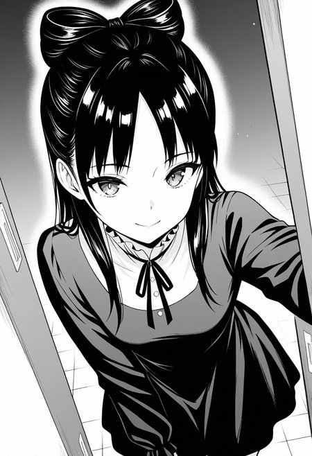 (absurdres, best quality, masterpiece:1.4), amazing quality, highres, newest, detailed, detailed body, detailed face, beautiful, petite,  monochrome, greyscale,
BREAK
WWNemu, 1girl, solo, standing, smile, NemuMang, manga illustration, bow-shaped hair, parted bangs, half updo, dress, frill collar, neck ribbon