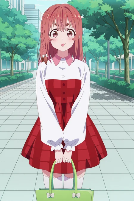 anime screencap, anime coloring, detailed face, masterpiece, best quality, very aesthetic, absurdres, volumetric lighting, official style, amazing quality, ultra detailed,  highres, amazing quality, scenery, beautiful detailed hair, beautiful detailed eyes,
 <lora:Sumi_Sakurasawa_Rent-A-GirlfriendKanojo_Okarishimasu:1>
outside,
Sumi red plaid dress (outfit), Sumi Sakurasawa (character), 1girl, solo, thighhighs, side braid, bag, dress, white thighhighs, holding bag, shoes, outdoors, braid, red hair, red eyes, cowboy shot, :P, looking at the viewer