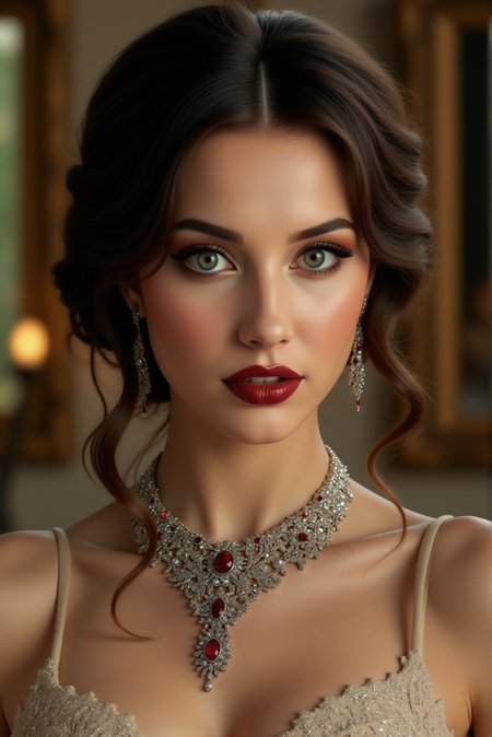 <lora:FFS_v.5:0.8> FFS style. The image is a high-resolution digital painting of a young woman with a realistic, detailed style. She has a striking, heart-shaped face with porcelain skin, adorned with a flawless makeup application featuring bold, dark red lipstick and subtle, smoky eye makeup with a touch of gold shimmer. Her eyes are a captivating green hue, accentuated by expertly applied mascara and long, dark eyelashes. Her dark brown hair is styled in an elegant, slightly messy updo, with soft, loose waves cascading down her shoulders.  She wears an ornate, silver, beaded necklace that cascades down her chest, and matching earrings with a similar design featuring red gemstones. Her attire is not visible, but the image focuses on her upper body, suggesting an elegant, possibly formal occasion.  The background is a softly focused, warm-toned, indoor setting with blurred, golden-hued lights and a framed piece of art visible, indicating an upscale, possibly vintage aesthetic. The lighting in the image is soft, casting a warm glow that highlights her features without harsh shadows, enhancing the overall romantic and sophisticated atmosphere of the scene.