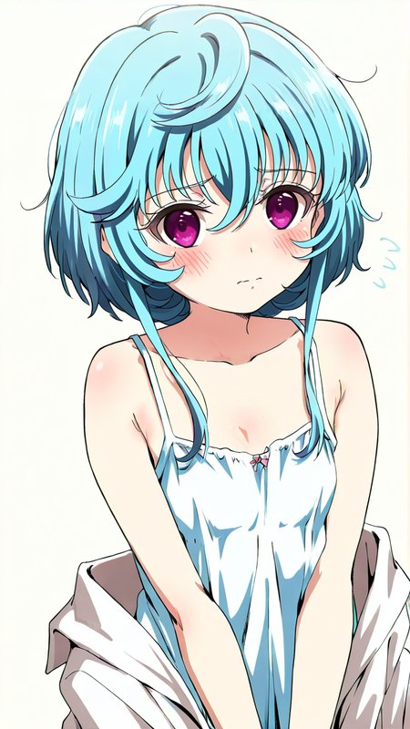 white_background,simple background,1girl,solo,full_shot,looking_at_viewer,<lora:Maryberry_Illustrious_v8:1>,Maryberry,blush,anime screenshot,sincos,looking_up,labcoat,camisole,oversized_clothes,shy,covering,white camisole,, masterpiece, best quality