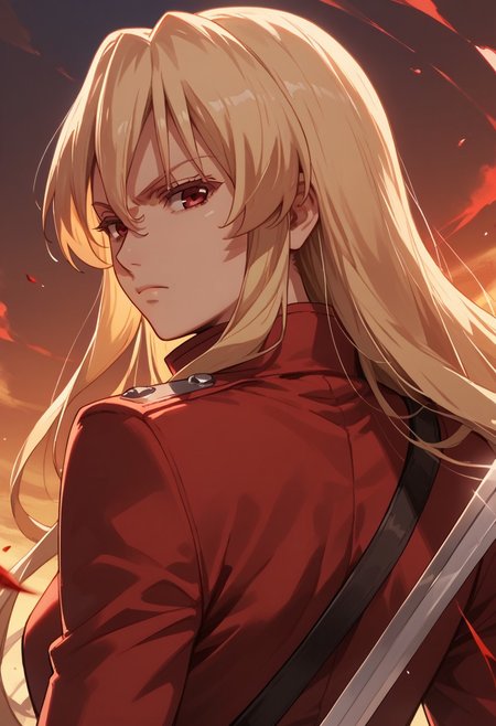 score_9,score_8_up,score_7_up,source_anime,Leticia Draculea (Adult),1girl,solo,looking at viewer,closed mouth,upper body,weapon,looking back,sword,from behind,