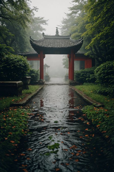 wide angle shot, dynamic, fantasy world, stone road, river, green lush gardens, Chinese temple, foggy, alleys, small town. market square, falling leaves, puddles, adventure, overgrown brutalism