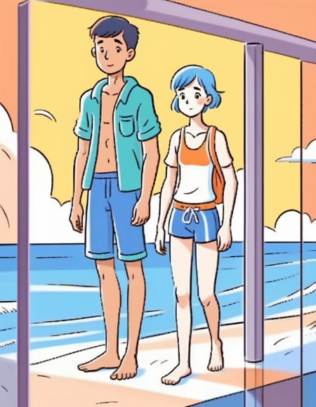 cartoon-style ,in  screen ,teen on the beach , Swimming pants,<lora:tw_hgame:0.8>, girl,boy