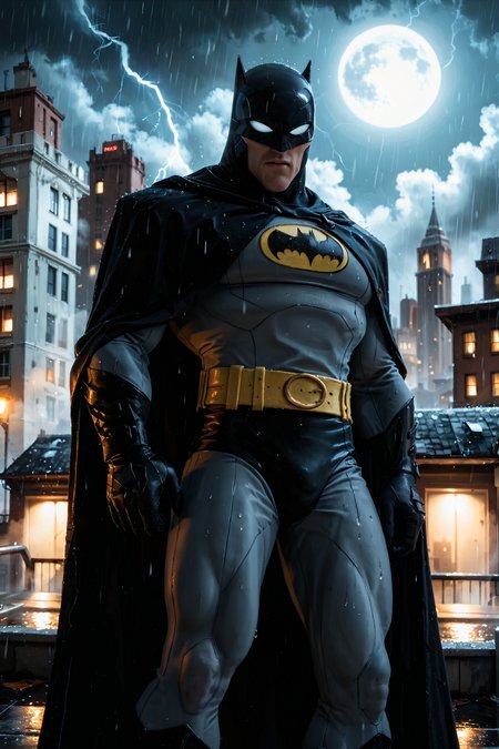score_9, score_8_up, score_7_up, BREAK, rating_safe,   The_Batman, 1boy, solo, male focus, bat ears, white eyes, no pupils, (grey bodysuit:1.1), black cape, (black gloves:1.1), yellow belt, superhero, thin,   gotham, (night:1.1), dark, (roof edge:1.1), view on city,   fog, rain, wet, moon, lightning,   Low-Key Lighting, view from below, five fingers,