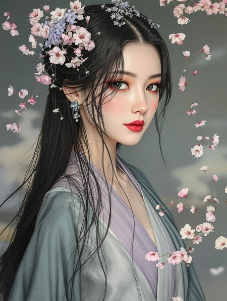hyperrealistic art A mesmerizing portrait capturing the essence of timeless beauty ---- Her hair streamed down in a cascade of ink-black silk, so long and lustrous it seemed to pool on the floor like a living thing. Her robes were of layered silk in shades of spring green and lavender, blending as if she carried the dawn with her. But it was her face, serene as the moon reflected in still water, that stole his breath. Her every movement was soft, deliberate, and imbued with a quiet dignity that made her seem otherworldly. Even the air around her seemed sweeter, tinged with the faint scent of plum blossoms