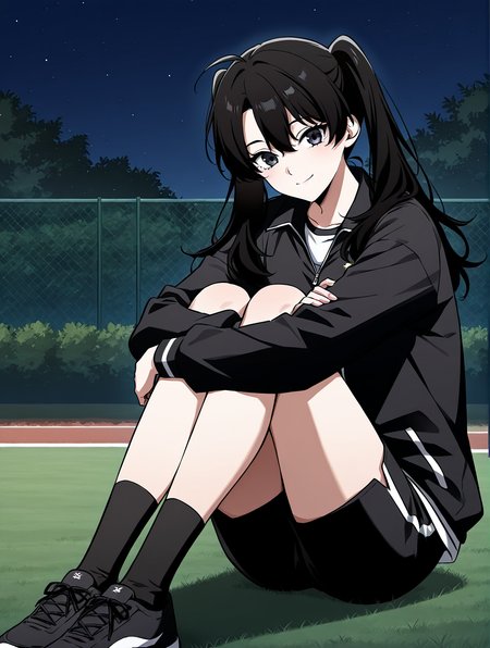 <lora:Omniscient_Readers_Viewpoint__Yoo_Mia:1>
1girl, solo, black hair, long hair, twintails, low twintails, hair between eyes, ahoge, black eyes, 
sportswear, black zip jacket, white shirt underneath, black shorts, black socks,
score_9, score_8_up, score_7_up, very aesthetic, source_anime, detailed, high quality, beautiful, detailed eyes, masterpiece, best quality, absurdres, perfect anatomy, 1girl, solo, hugging your own legs, sitting, garden background, charming smile, night