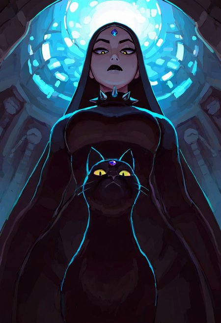 masterpiece, best quality, absurdres, highres, animal, solo, cat, forehead jewel, expressionless, dramatic lighting, frown, facing viewer, looking at viewer, detailed background, spikes, spiked collar, black lips, from below, looking down, 
<lora:gumdrops_ill:1>
