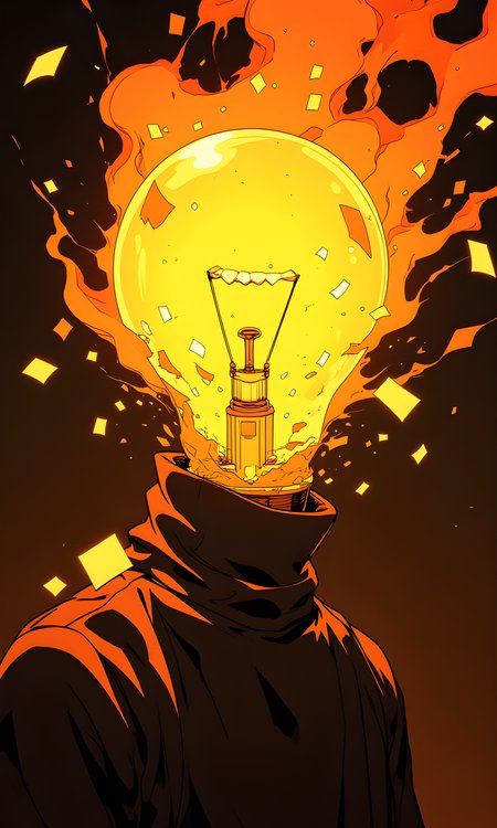 figure dressed in turtle neck with the light bulb instead of head with a warm, glowing yellow-orange hue, suggesting a fiery or ethereal quality. 
That light bulb is shattered in explosion and half of the elements are gone and out of frame.
The background is a deep, dark brown or black, which contrasts starkly with the glowing head, making the figure stand out sharply. 
The texture of the head is smooth, with a slight gradient effect that gives it a three-dimensional appearance. The figure is wearing a simple, dark brown shirt, which is partially visible at the neck and shoulders. 
The overall style is a blend of surrealism and digital art, with a focus on dynamic, expressive lines and bold, vibrant colors. The image evokes a sense of mystery and otherworldly beauty.
BREAK anime, d13s3lp2nk, bboil artist style, OBdonman, Anime art, <lora:FLUX\Anime Art V3:0.2>, <lora:FLUX\Synesthesia:0.2>, <lora:FLUX\RetroAnimeS1.1:0.5>, <lora:FLUX\Flux-jijia:0.1>, <lora:FLUX\It's a LoRA for portraits, BUT! actually specialized in backgrounds. v1.0:0.1>, <lora:FLUX\GLSHS:0.2>, <lora:FLUX\Dieselpunk Delight - s0_9 g4:0.4>, <lora:FLUX\OBdonman, anime0style portrait:0.1>