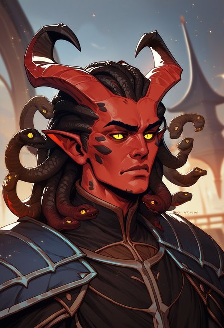 score_9, score_8_up, score_8, score_7_up, score_7, score_6_up, score_6, score_5_up, bulky tiefling, (black tipped horns:1.2), (snake hair, black snake hair), red skin,  runes, shoulder armor, spikes, wizard robes, black clothing, claws, masculine face, wide jawline, emotionless expression, yellow eyes, vox machine style, 1boy, male focus, solo, close up portrait , fantasy, night background, (dynamic lighting:1.1)
((masterpiece))