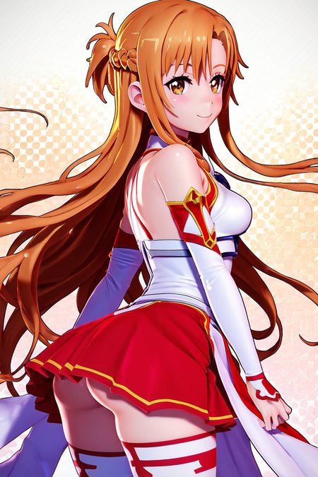 score_9, score_8_up, score_8, medium breasts, (curvy), cute, eyelashes,       BREAK, , zzAsuna, asuna (sao), long hair, brown hair, brown eyes, braid, very long hair,  thighhighs, bare shoulders, detached sleeves, armor, white thighhighs, breastplate, red skirt,   <lora:Asuna_SAO_PDXL_v3:0.8>,, BREAK, smile, looking at viewer, cowboy shot, side view, ass,  embedding:zPDXL, Expressiveh, <lora:Zy0n7_PDXL:1.0>,  <lora:SDXLFaeTastic2400:0.5>,  <lora:Expressive_H-000001:0.4>,