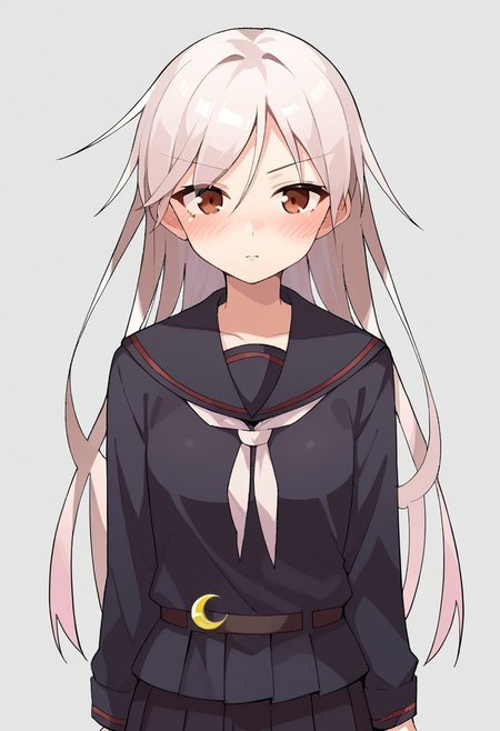 score_9, score_8, score_7, source_anime, kikuzuki (kancolle), 1girl, solo, looking at viewer, blush, long sleeves, crescent pin, school uniform, skirt, black serafuku, pleated skirt