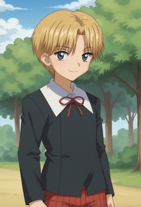score_9, score_8_up, score_7_up, source_anime, highly detailed, 
rukanogi, 1boy, male focus, blonde hair, short hair, shorts, red shorts, plaid shorts, school uniform, blue eyes, solo, ribbon, neck ribbon, upper body, sweater, black sweater, shirt, white shirt, collared shirt, long sleeves, smile, closed mouth,
outdoor, sky, tree