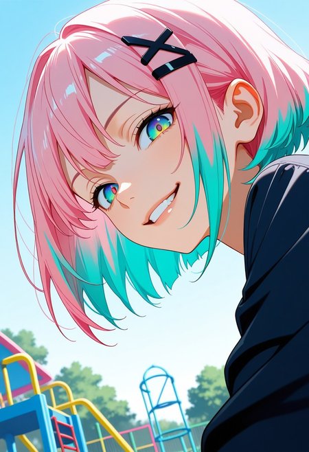 masterpiece, best quality, high quality, high details, source_anime, score_9, score_8_up, score_7_up, extremely detailed,
perfect face, 
gradient eyes, multicolored eyes, blue eyes, emerald eyes, 
multicolored hair, aqua hair, pink hair, colored tips, bob cut, hairclip, hairpin, 
Looking at viewer, from below, from side,
Open air playground, small park, day,
Evil smile, domination looks, realistic shadows, very aesthetic, cinematic light,