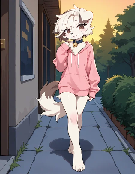masterpiece, best quality, very aesthetic, absurdres,
outdoors, casual, 
full body, standing, posing, 
seductive smile, parted lips, long eyelashes,
 <lora:Infi_v01_NAIXL:1>,
1nf1,1girl,solo,furry,furry female,dog girl,dog ears,short hair,white hair,brown eyes,snout,animal nose,collar,neck bell,body fur,white fur,dog tail,