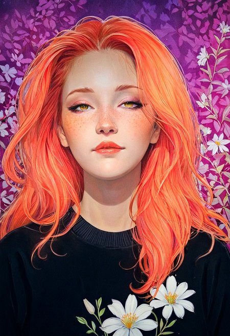 (resplendent highlighting) in the style of casual line and wash sketch, hauntingly beautiful, a drawing of a woman with long loose red hair, smug look, inspired by Miho Hirano, Miguelanxo Prado and Amy Sol, olive skin, ultraviolet and infrared hues, white flower-pattern on dark-black sweater, anaglyph colors, aidmamj6.1, 3xpr3sgg0th1cn30n1nc4s3, ExpresHGothicNeonIncaseUOC, ExpresHGothicNeonIncase,