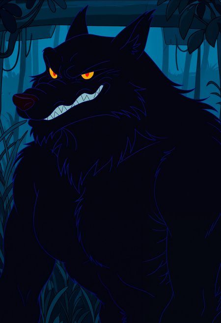 masterpiece,best quality,amazing quality, 1boy, solo, w0lv3s, wolf, black fur, colored sclera, red eyes, smirk, smug,