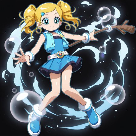 masterpiece, best quality, amazing quality, very aesthetic, absurdres, newest,shiny skin,, anime screenshot, xdive, anime coloring, black background, solo, full body, ppgzmiyako, rollingbubbles, belt, blue shirt, strapless, blue skirt, blue vest, Stick, bubbles, smile