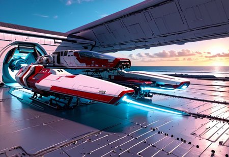 photograph, a clean hangar, door open, tropical island, ocean, beach:1.3, (smooth, sleek, neotech red and white (WipEout anti-gravity craft), (split-front:1.3), parked in a hangar):2, blue sky, sunset, sharp, high detailed, realistic, scifi, futuristic, science fiction, sharp focus, masterpiece, best quality