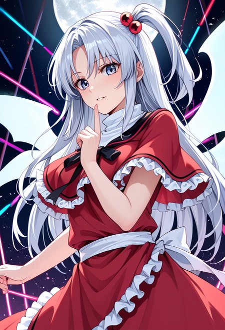 score_9_up, score_8_up, score_7_up, BREAK source_anime, (masterpiece), (best quality), 1girl, shinki (touhou), white wings, hair bobbles, hair ornament, white hair, one side up, long hair, dress, multiple wings, red capelet, looking at viewer, no emotions, closeup upper body, (ultra detailed), shine, moon, multiple color danmaku, laser from wings, colorful lights, (from front:0.6),  <lora:Shinki_touhou(PC-98)-V1:1>