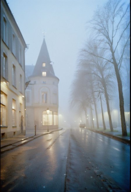 c41_hasselblad_portra400, instagram photo, a dark and foggy street somewhere in europe, hard shadows, film grain