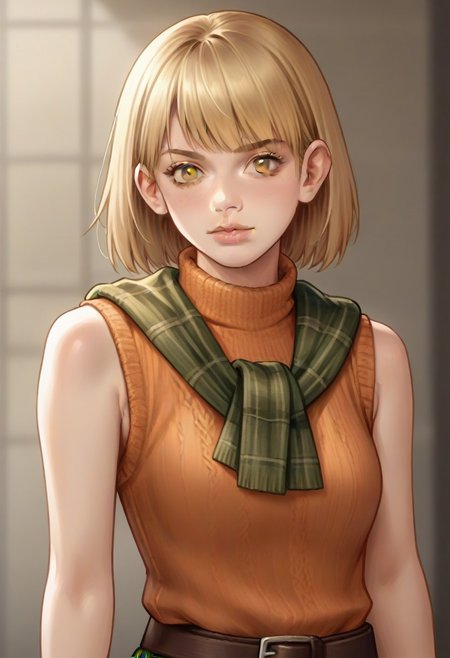 <lora:ashleygraham:0.9>, ashleygraham, photorealism, 1girl,solo,blonde hair,bob cut,bangs, golden eyes,orange turtleneck,sleeveless,brown sweater over shoulder,,green plaid skirt,brown belt, ,,,