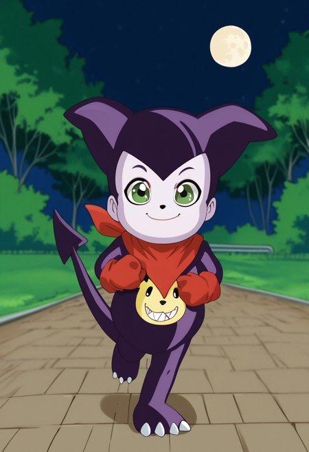 score_9, score_8_up, score_7_up, highly detailed, CuteCartoonStyle, cute boy, digimon (creature), solo, purple skin, green eyes, red bandana, red gloves, tail,  at night, full moon, running, motion blur, smug smile, park
DSCStyle, round eyes, exaggerated proportions, cartoonish features, anime-inspired, cute aesthetics, cartoonish proportions, highlights,smooth lines, glossy highlights, minimal detail, clean outlines, consistent line weight, gentle highlights