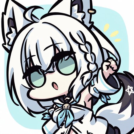 chibi,1girl,shirakami fubuki \(1st costume\),hololive,animal ear fluff,animal ears,bangs,braid,fox ears,fox girl,hair between eyes,long hair,white hair,ahoge,single braid,green eyes,sidelocks,fox tail,tail,breasts,earrings,small breasts,medium breasts,,<lora:Kei_Style_noob-4:1>,