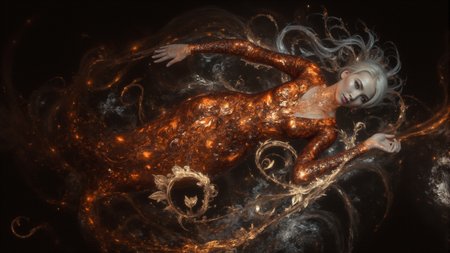 The main subject is an intricate (plump:0.5) mature angry fairy. They are shown in an ground level, looking up South Korean-themed photograph in the style of Decadent Movement. The person is dressed in a modern style, and is swimming in a bright animalistic space station. Although the person is well-lit, the surroundings are dim. In the background there are fine tendrils of lightning that sketch the outlines of an ethereal cat. The overall colour scheme uses a volcanic palette, with fine details rendered in orange and bronze naturalistic patterns. Motes of glitter hang in the air of this very detailed banal scene. <lora:aura_v2_beta2:0.6> <lora:BioInk2FLUX:0.5> <lora:detailifier_sd3.5:0.5>