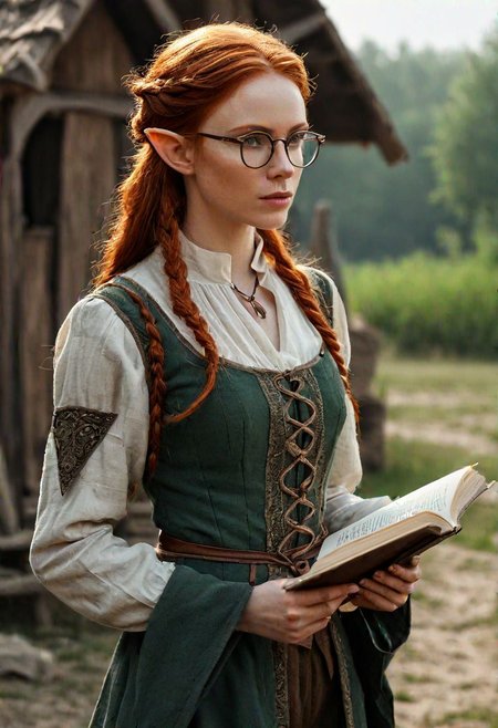 Masterpiece, Full body cinematic photo of redhead elf, walking beautiful elf female with long face glasses. Pointy ears, She is athletic with medium breasts. 
She wears practical medieval male clothing with trousers. 
She stands in front of ancient Slavic settlement and reading a book from her hand. 
side view, high resolution, enhance the details, full body photo, hyper-realistic