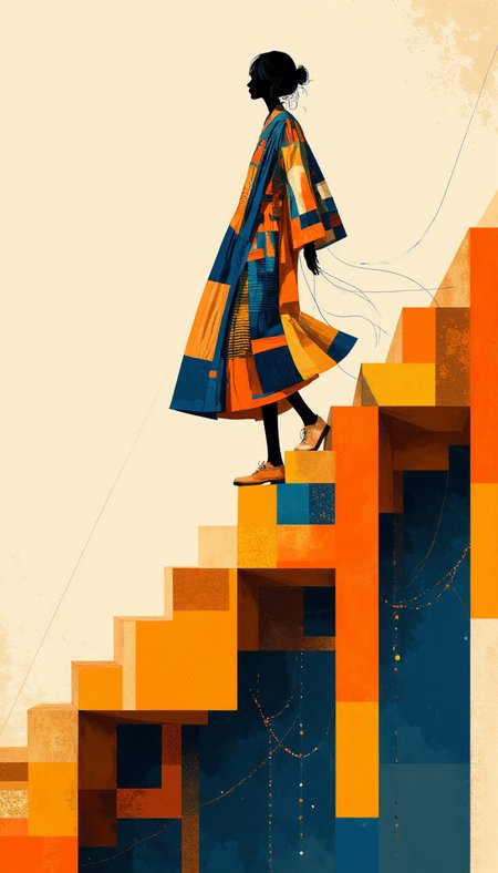 Caption:  
A striking, abstract silhouette of a person ascends a geometric staircase that twists and turns with vivid, angular patterns. The figure, draped in a flowing, multi-colored robe adorned with intricate designs, seems to embody elegance and determination. The staircase, composed of bold blocks of orange, blue, and gold, leads upward into an undefined space, symbolizing a journey of growth or discovery. Thin, delicate lines trail behind the figure, adding a sense of motion and grace to the scene.

Art Style:  
This artwork is rendered in a modern, geometric abstraction style, with influences from Art Deco. The composition features sharp, angular shapes and a vibrant color palette dominated by rich oranges, blues, and golds, creating a sense of dynamism and elegance. The figure is stylized, with minimal details that emphasize form and movement rather than realism. The overall effect is a sophisticated, visually compelling piece that evokes themes of progress, ambition, and the beauty of the journey. The "Zero Kelvin" watermark is subtly integrated into the lower portion of the staircase design, blending seamlessly with the angular patterns, ensuring it complements the overall aesthetic.
