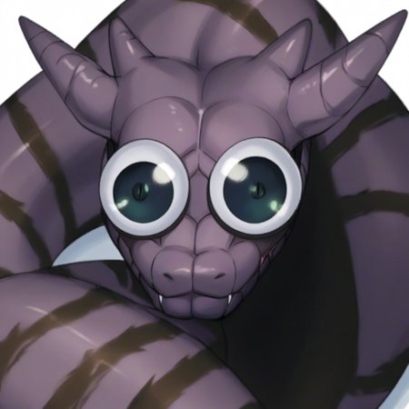 score_9, score_8_up, score_7_up,  source_cartoon, cel shading, fca style, Naruto_Manda, snake, slit pupils, green eyes, purple body, body markings, black eye markings, 2 pair of horns, black belly scales,
googly eyes