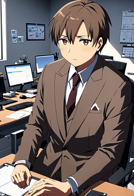 high resolution, solo, best quality, 1Boy, Takaki Toono, Brownish Hair, Brown Eyes, suit, worklife, workspace, OverallDetail