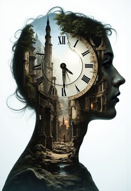 Jeddblexpsre,double exposure, An old-fashioned clock overlaid inside the silhouette of a person's head, while the background shows an ancient cityscape in ruins, blending historical time and human consciousness