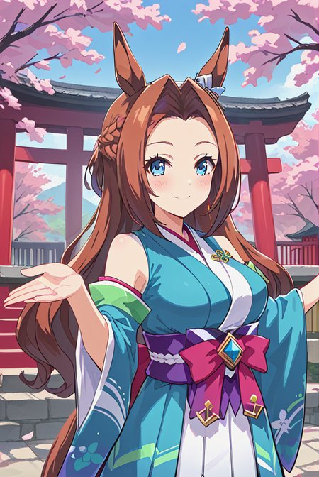 score 9,score 8 up,score 7 up,rating questionable,detailed background,aroused,cinematic lighting,dynamic lighting,source_anime,
kawakami princess \(umamusume\),<lora:Kawakami_Princess:0.7>,K_Princess,kawakami princess,blue eyes,blown hair,parted bangs,long hair,one length hair,short ponytail,crown braid,horse ears,horse tail,large breasts,
outdoors,shrine,cherry blossoms,
(white japanese clothes:1.3),paper_fan,dance,spread arms,light green sleeveless,
blush,smile,closed mouth,