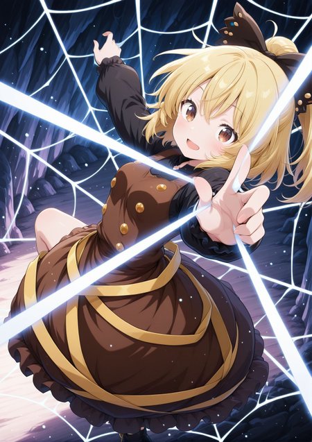 absurdres, highres, masterpiece, best quality, amazing quality, official anime artwork, screencap, anime screencap, 
 <lora:Yamame-Kurodani_Illustrious:1> kurodani yamame, 1girl, solo, brown eyes, blonde hair, long hair, ponytail, small breasts,, hair bow, black bow, brown dress, black sleeves, long sleeves, puffy dress,
open mouth, silk, cave, night, from above,