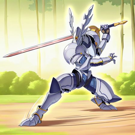 highres, best quality, masterpiece, very aesthetic, newest, year_2024, year_2023, year_2022,<lora:DorugoramonIllustrious:1>, dorugoramon,solo, cel shading,anime,1boy,helmet,holding sword,full body,knight,fighting stance,field,trees,bushes,motion lines,motion blur