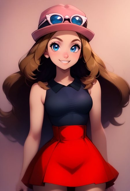 score_9, score_8_up, score_7_up,  pretty girl, vivid bright colors, highly sexual poses,  pinup art, solo, 
BREAK, 
serena, long hair, blue eyes, brown hair, eyewear on head, hat, skirt, sunglasses, shirt, black shirt, sleeveless, red skirt, pink hat,
BREAK,
wide hips, narrow waist, 
BREAK,
solo, smile, looking at viewer, cowboy shot, zPDXL