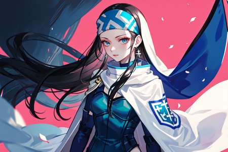 highly insanely detailed, masterpiece, top quality, best quality, highres, 4k, 8k, RAW photo, (very aesthetic, beautiful and aesthetic),  
beth_\(megami_tensei\),bethsmtii,shin megami tensei ii,long hair,black hair,straight hair,sleek black,jewelry,cross,headband,red_lipstick,bandana_with_messian_symbol,Religious_bandana,symbol_headband,messian_church_bandana,white cape,cape_with_messian_symbol,Religious_cape,messian_symbol_cape,holy_knight_cape,messian_cross_earrings,cross_earrings,religious_earrings,messian_symbol_jewelry,Blue_dress,armored_corset,blue shirt,Tokyo_Millennium,post-apocalyptic_city,dystopian_world,Arcadia,Utopian_district,demon-free_zone,false_paradise,Great_Cataclysm,World_ending_event,apocalyptic_disaster,city_rebirt, 
<lora:zs_Beth:0.6>, 
(1girl:1.3), 1other, 
Chinese calligraphy in background,pure pink background,pure blue background,(colored confetti background,neon color background),âââ