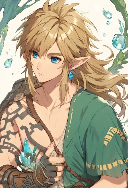 score_9, score_8_up, score_7_up, score_6_up, masterpiece, best quality, amazing quality, best aesthetic, intricate details, link, long hair, loose hair, blond hair, blue eyes, blue earrings, tattoos on the arm,mazjojo