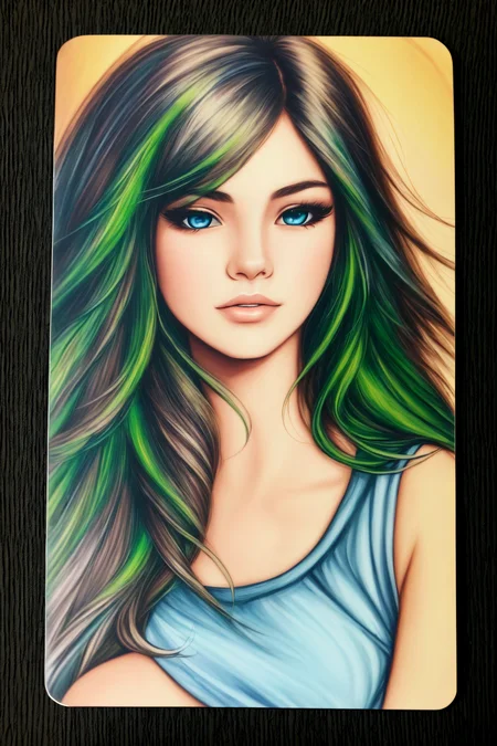 <lora:TradingCard:.7> 1girl,  solo, blue eyes, green hair, semi realistic, (masterpiece), trading card style,